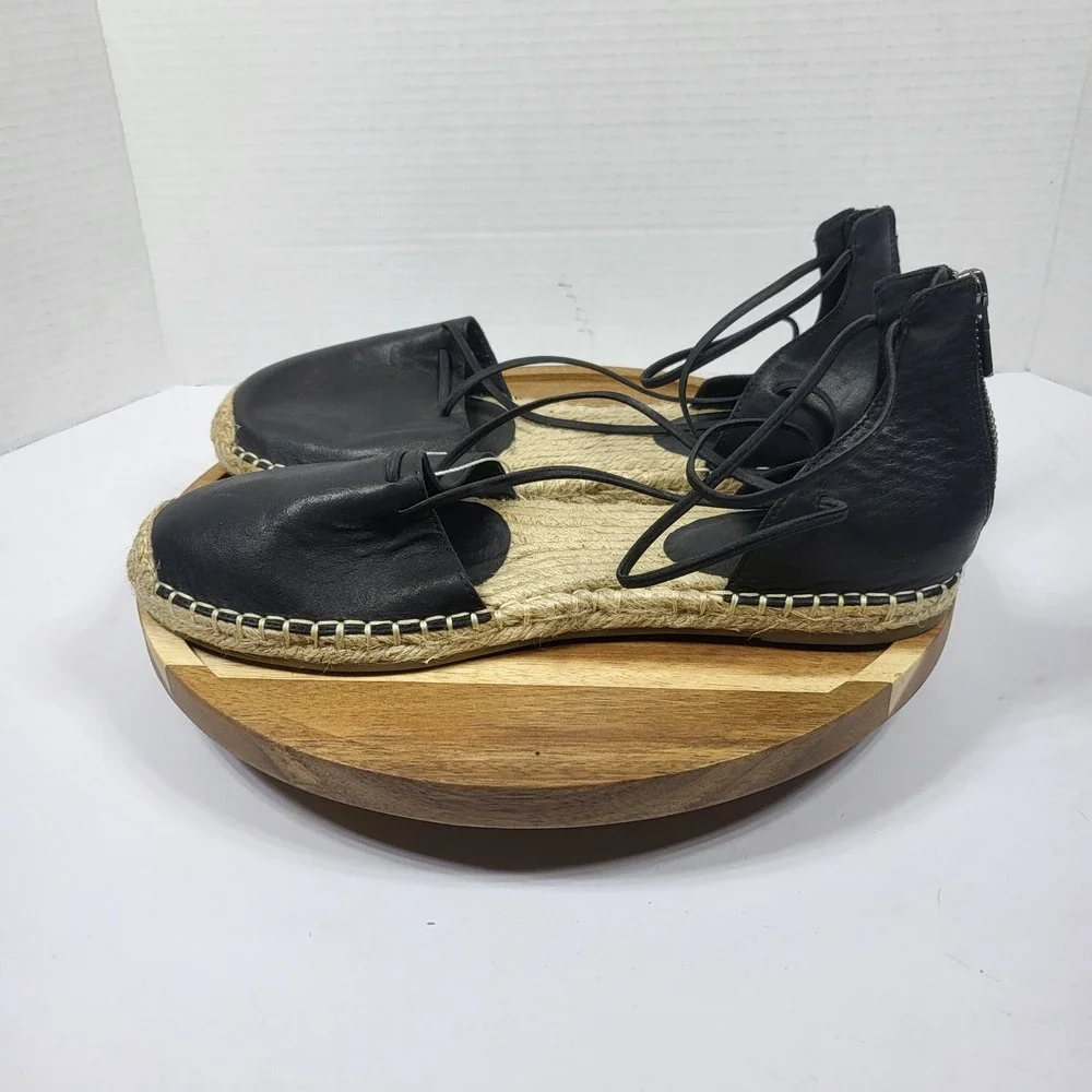 Eileen Fisher Black Leather Lace Up Zip Espadrille Sandals Womens 9 Flat Black